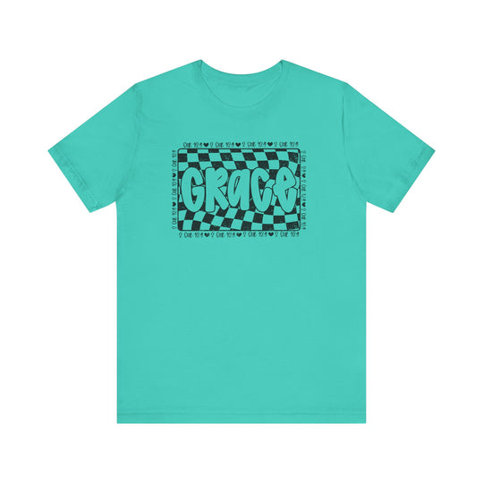 Grace Tee: A blue t-shirt featuring black text, made from soft cotton with a classic fit, ribbed knit collars, and durable dual side seams.