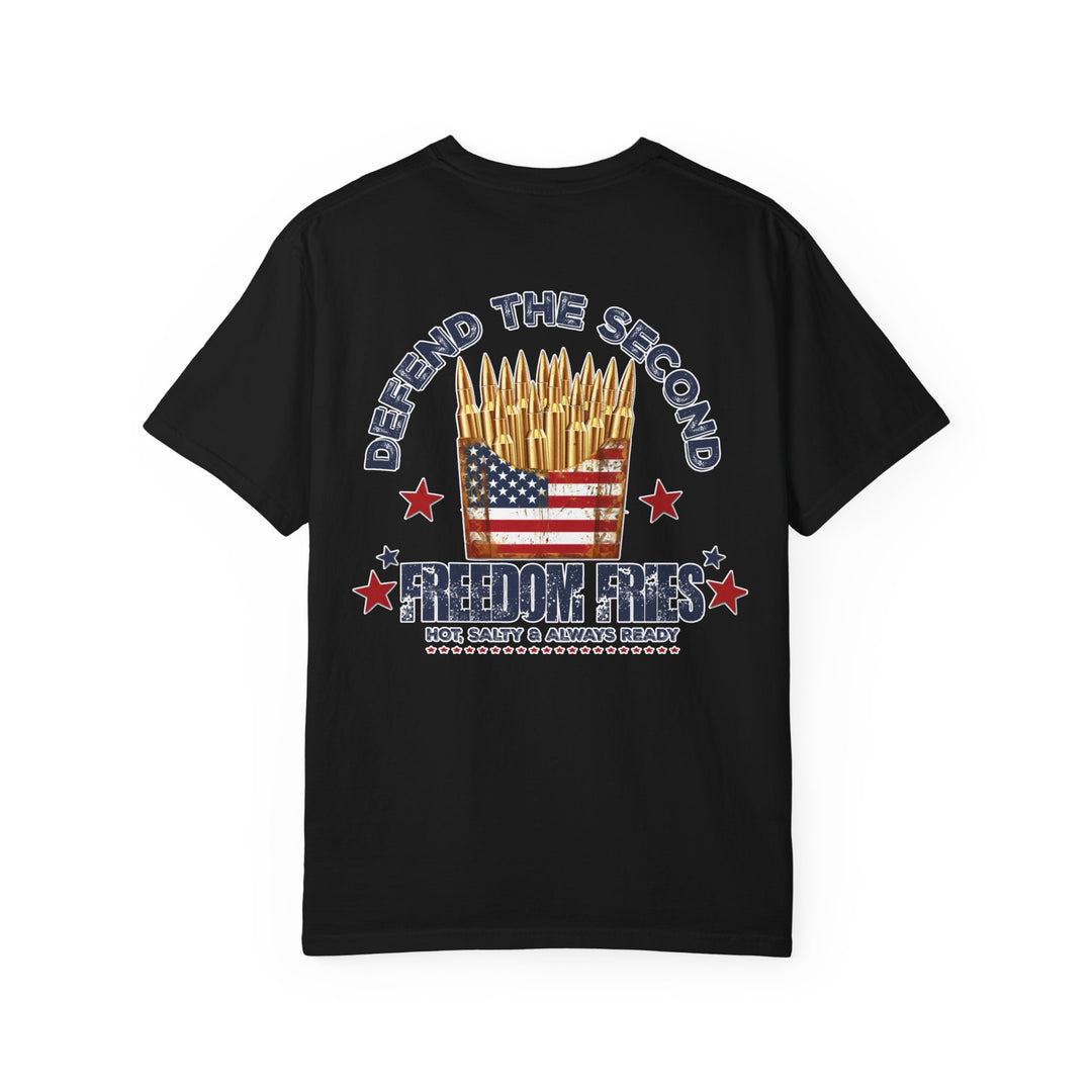 Defend the 2nd Tee, a relaxed fit, garment-dyed t-shirt made of 100% ring-spun cotton, featuring durable double-needle stitching and a crew neckline.