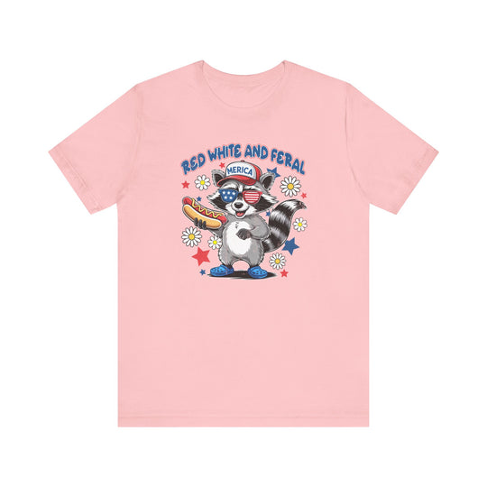 Red White and Feral 4th Tee, a unisex jersey short sleeve shirt with ribbed knit collars, tapered shoulders, and dual side seams for lasting shape.