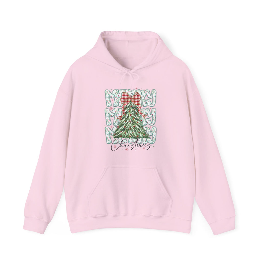 Merry Christmas Hoodie featuring a festive tree graphic with red baubles and gingham bow, mint-green MERRY text, and kangaroo pocket on light pink fabric.