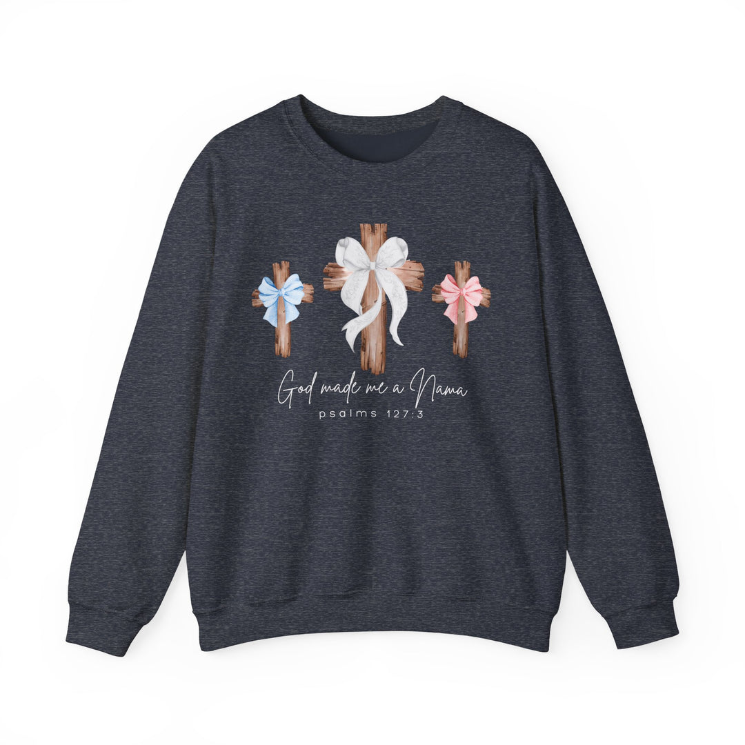 God Made Me a Nana sweatshirt with three wooden crosses and bows, featuring Psalms 127:3. Comfortable unisex crewneck, 50% cotton, 50% polyester blend.