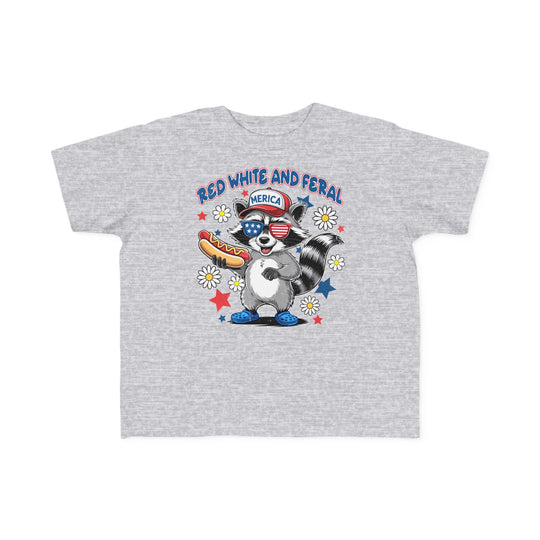 Toddler wearing the Red, White and Feral 4th Toddler Tee, a soft, durable, cotton t-shirt designed for sensitive skin, perfect for young adventurers.