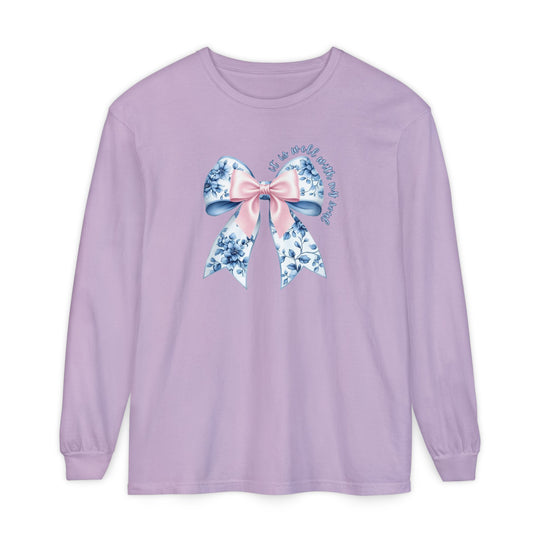 It is Well With My Soul Long Sleeve Tee featuring a lavender base, ornate bow graphic, and comforting phrase, crafted from soft, garment-dyed 100% cotton.