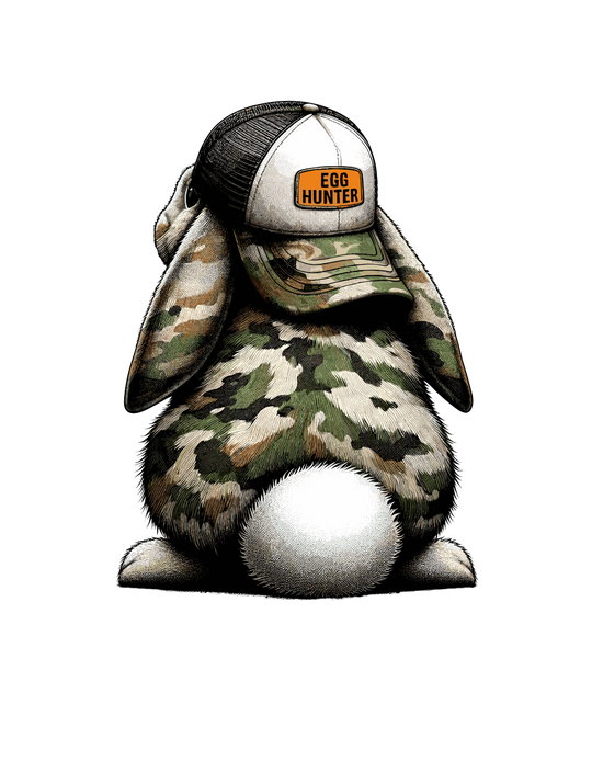 Cartoon rabbit in a hat design on Egg Hunter Onesie, featuring lap shoulders for ease and soft ring-spun cotton, ideal for infants' comfort.