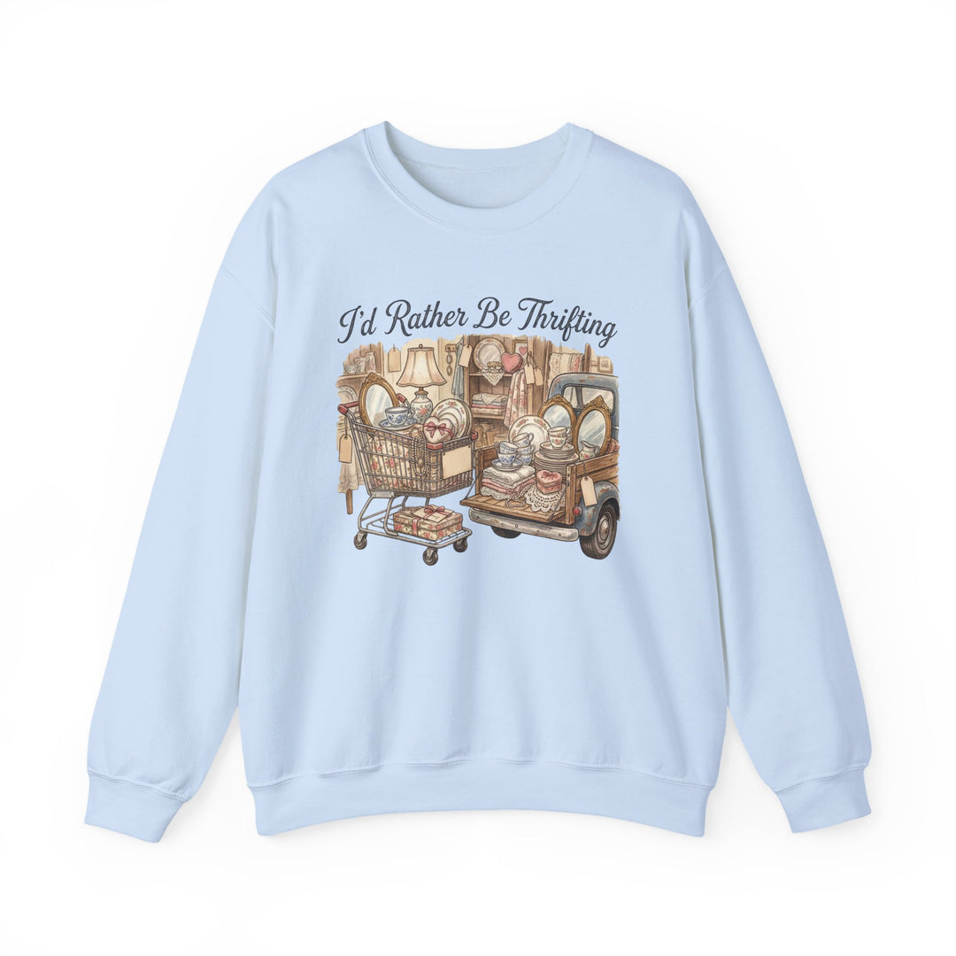 I'd Rather Be Thrifting Crew sweatshirt with vintage illustration of thrift-haul setups, perfect for cozy style with a retro flair.
