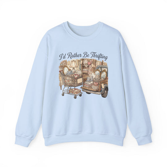 I'd Rather Be Thrifting Crew sweatshirt with vintage illustration of thrift-haul setups, perfect for cozy style with a retro flair.