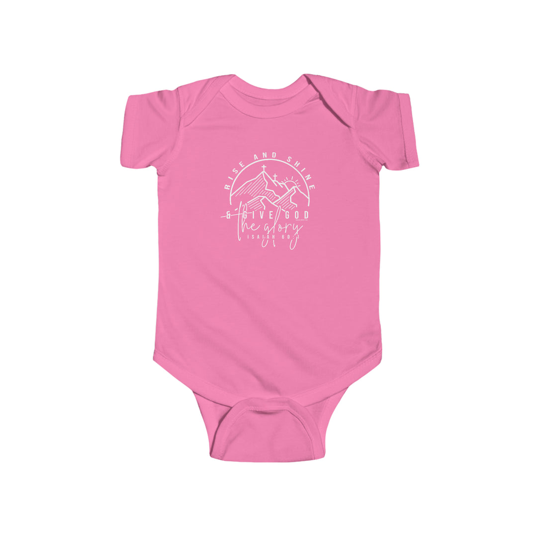 A pink baby bodysuit with white text, featuring a cross and mountains design. Infant fine jersey bodysuit, 100% cotton fabric, ribbed knit bindings, and plastic snaps for easy changing access. From Worlds Worst Tees.