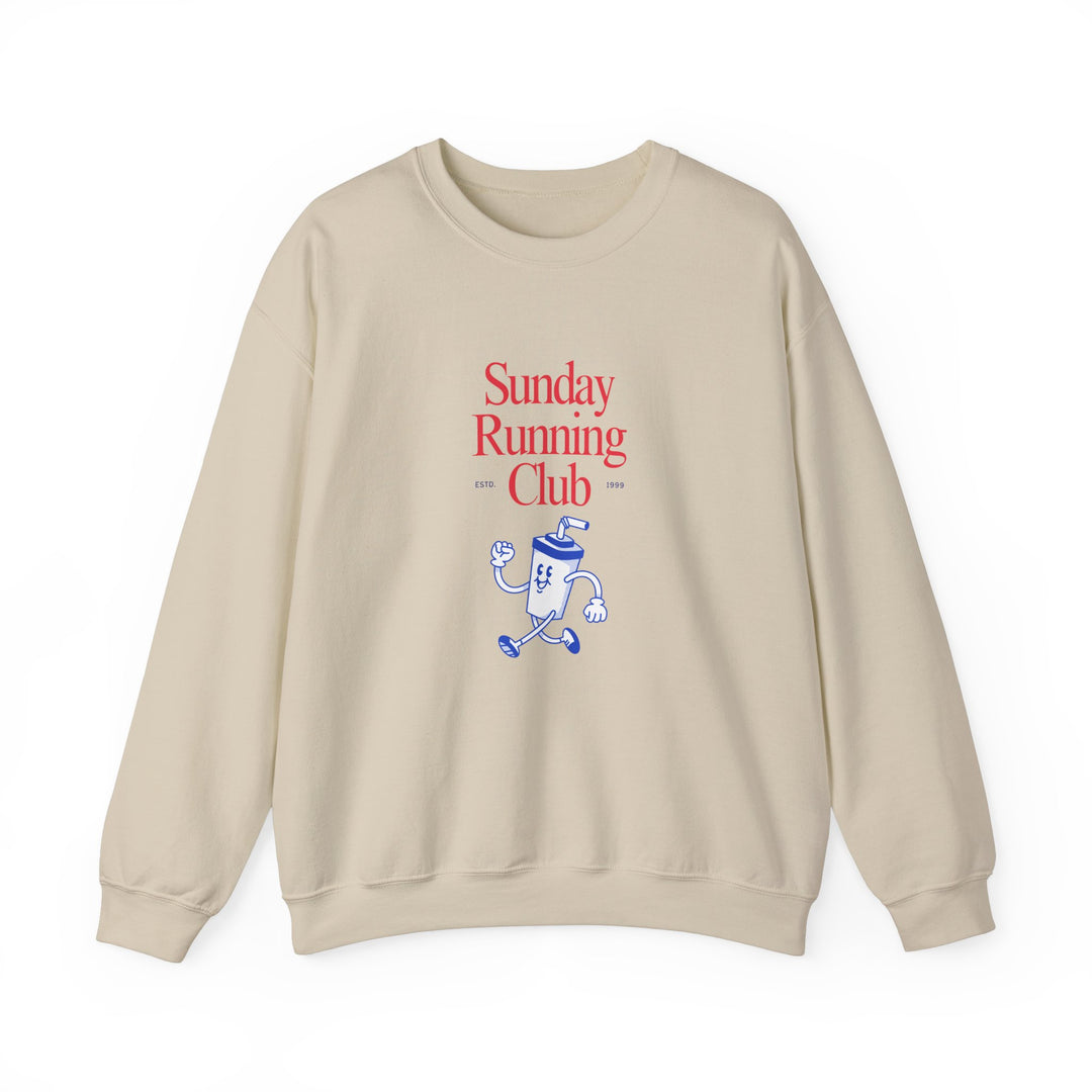 Unisex Sunday Running Club crewneck sweatshirt, medium-heavy fabric blend with ribbed collar, double-needle stitching, and tear-away label for comfort and durability.