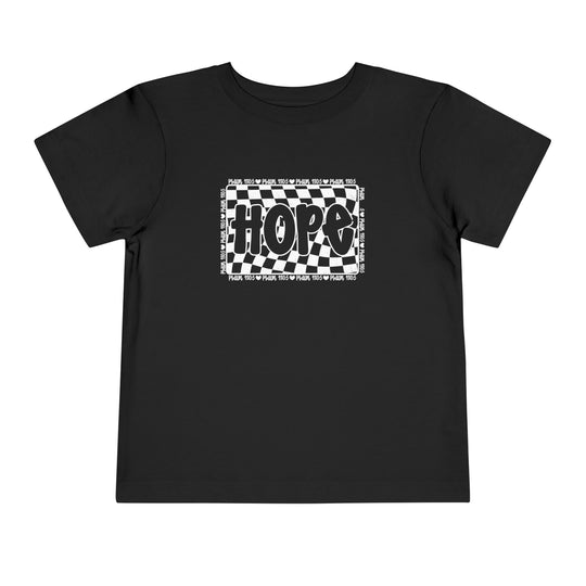 Hope Toddler Tee featuring a black and white checkered design on a short sleeve, made from 100% Airlume combed cotton for comfort.