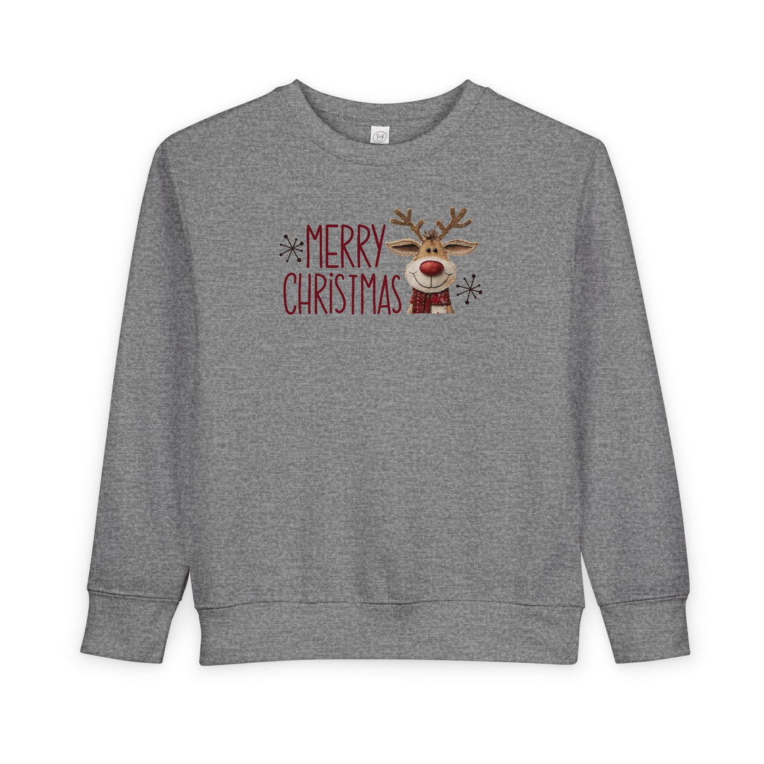 Merry Christmas Reindeer Toddler Crew: Heather-gray sweatshirt with festive text, cartoon reindeer, snowflake accents; cozy cotton-poly blend, durable ribbed features, perfect for toddlers.