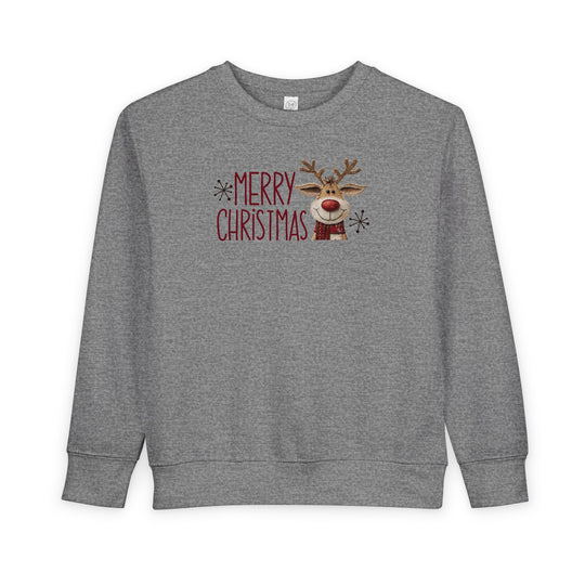 Merry Christmas Reindeer Toddler Crew: Heather-gray sweatshirt with festive text, cartoon reindeer, snowflake accents; cozy cotton-poly blend, durable ribbed features, perfect for toddlers.