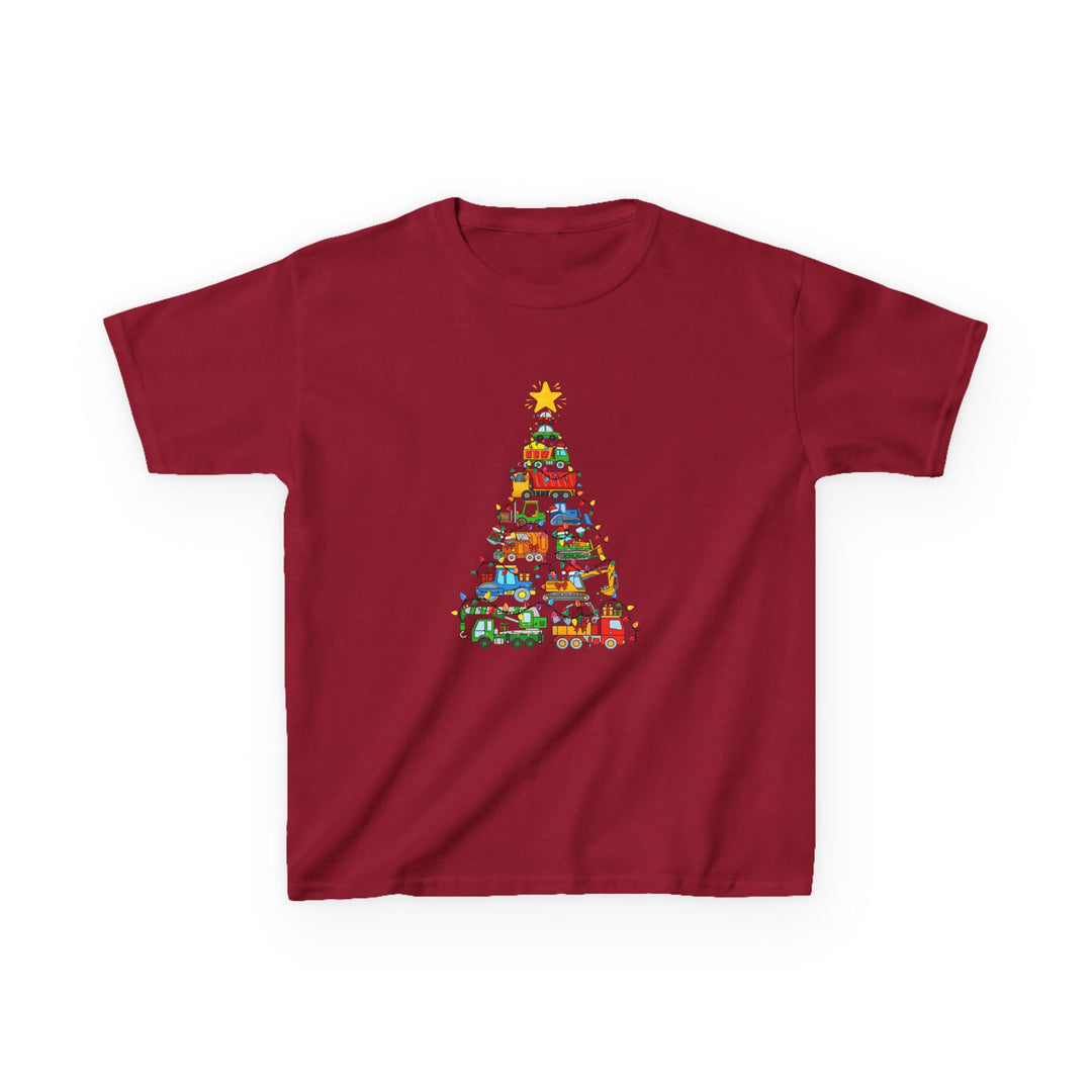 Christmas Truck Kids Tee features a cartoon vehicle-shaped Christmas tree with lights and star, laid flat on a white background, ideal for everyday wear.
