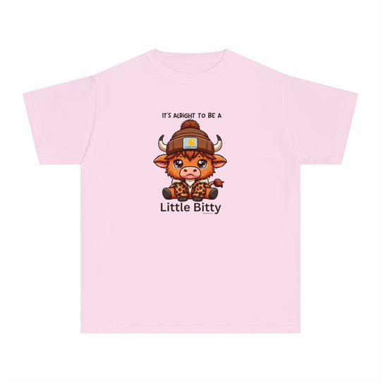 Little Bitty Kids Tee: A pink t-shirt featuring a cartoon cow, perfect for active kids. Made of soft combed cotton for comfort and agility. Classic fit for all-day wear.