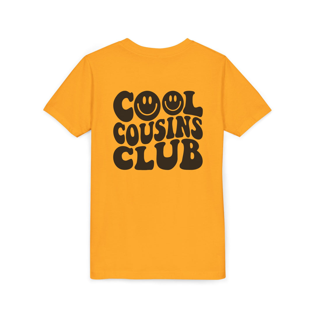 Cool Cousins Club Youth Tee, a lightweight short-sleeve shirt for kids, featuring custom artwork display, ribbed collar, and side seams for maintaining shape.