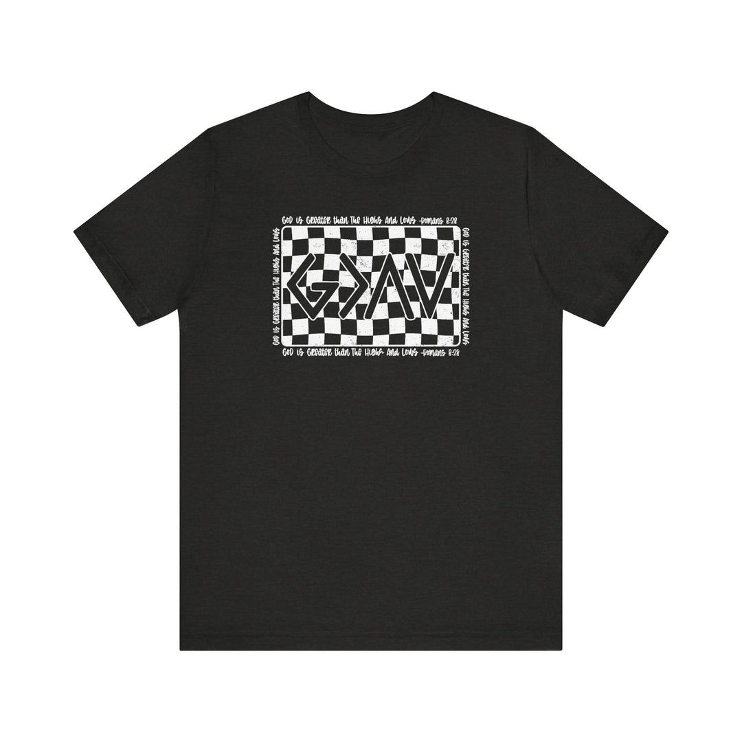 God Highs and Lows Tee: Black t-shirt featuring a white text with a black and white checkered pattern. Unisex, soft cotton, classic fit.