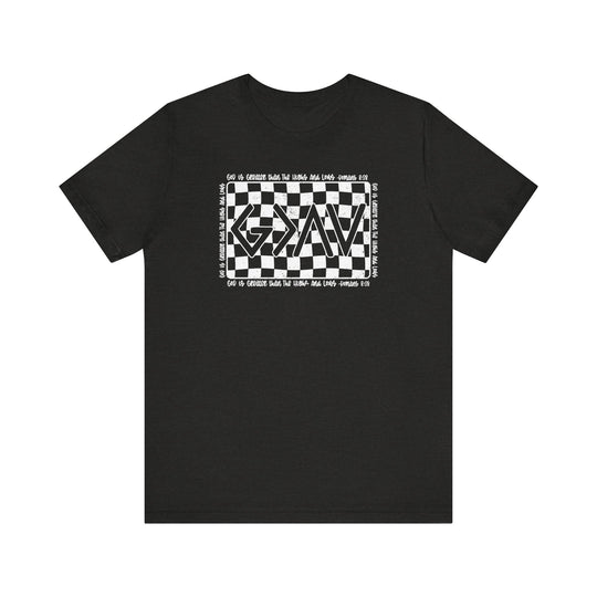 God Highs and Lows Tee: Black t-shirt featuring a white text with a black and white checkered pattern. Unisex, soft cotton, classic fit.