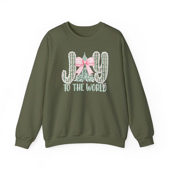 Joy to the World Crew sweatshirt features an olive green color with a holiday motif spelling “JOY” using cacti and a Christmas tree graphic.