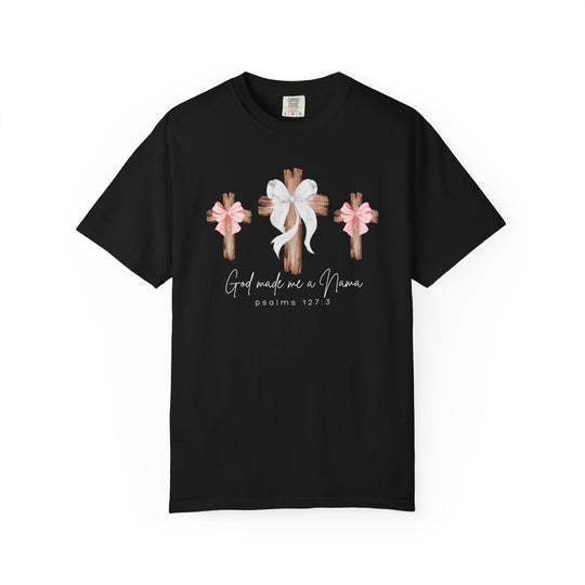 Black 'God Made Me a Nana' T-shirt features rustic wooden crosses with bows and Psalm 127:3, offering a cozy, faith-inspired design.