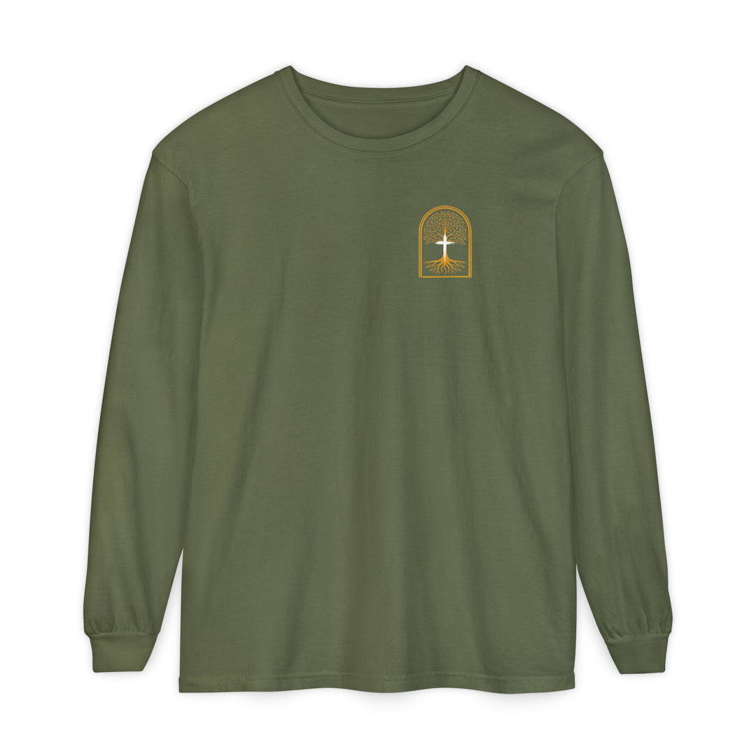 Noah to Adam Long Sleeve T-Shirt in olive-green with gold-framed tree graphic on chest, 100% ring-spun cotton, relaxed fit, ideal for casual wear.