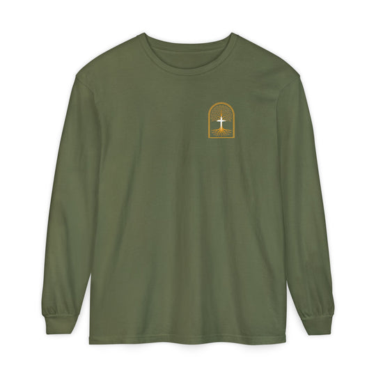 Noah to Adam Long Sleeve T-Shirt in olive-green with gold-framed tree graphic on chest, 100% ring-spun cotton, relaxed fit, ideal for casual wear.