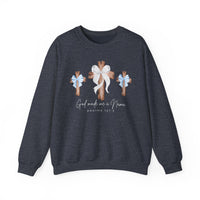 Dark-navy crewneck sweatshirt with three wooden crosses, featuring bows and God made me a Nana graphic, ideal for comfort from Faith Family Designs.