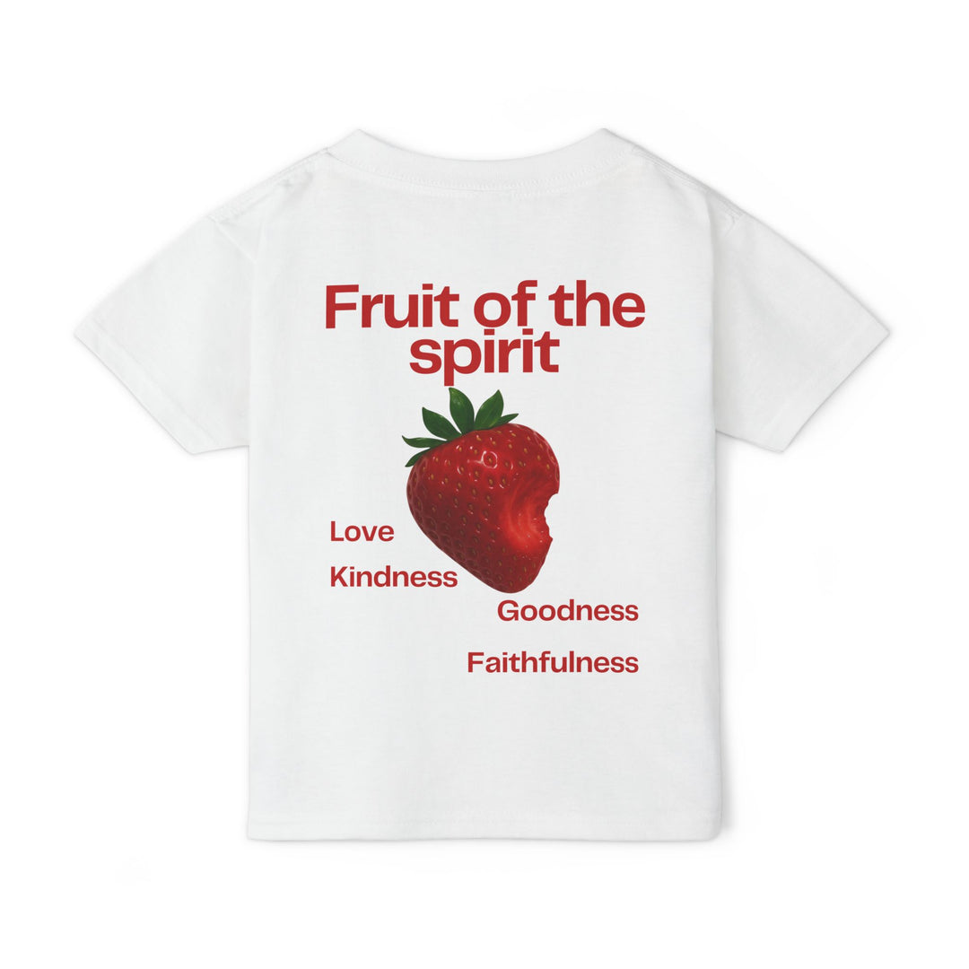 Fruit of the Spirit Toddler Tee shows a strawberry graphic with Love, Kindness, Goodness, and Faithfulness text, emphasizing style and comfort for toddlers.