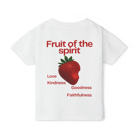 Fruit of the Spirit Toddler Tee shows a strawberry graphic with Love, Kindness, Goodness, and Faithfulness text, emphasizing style and comfort for toddlers.