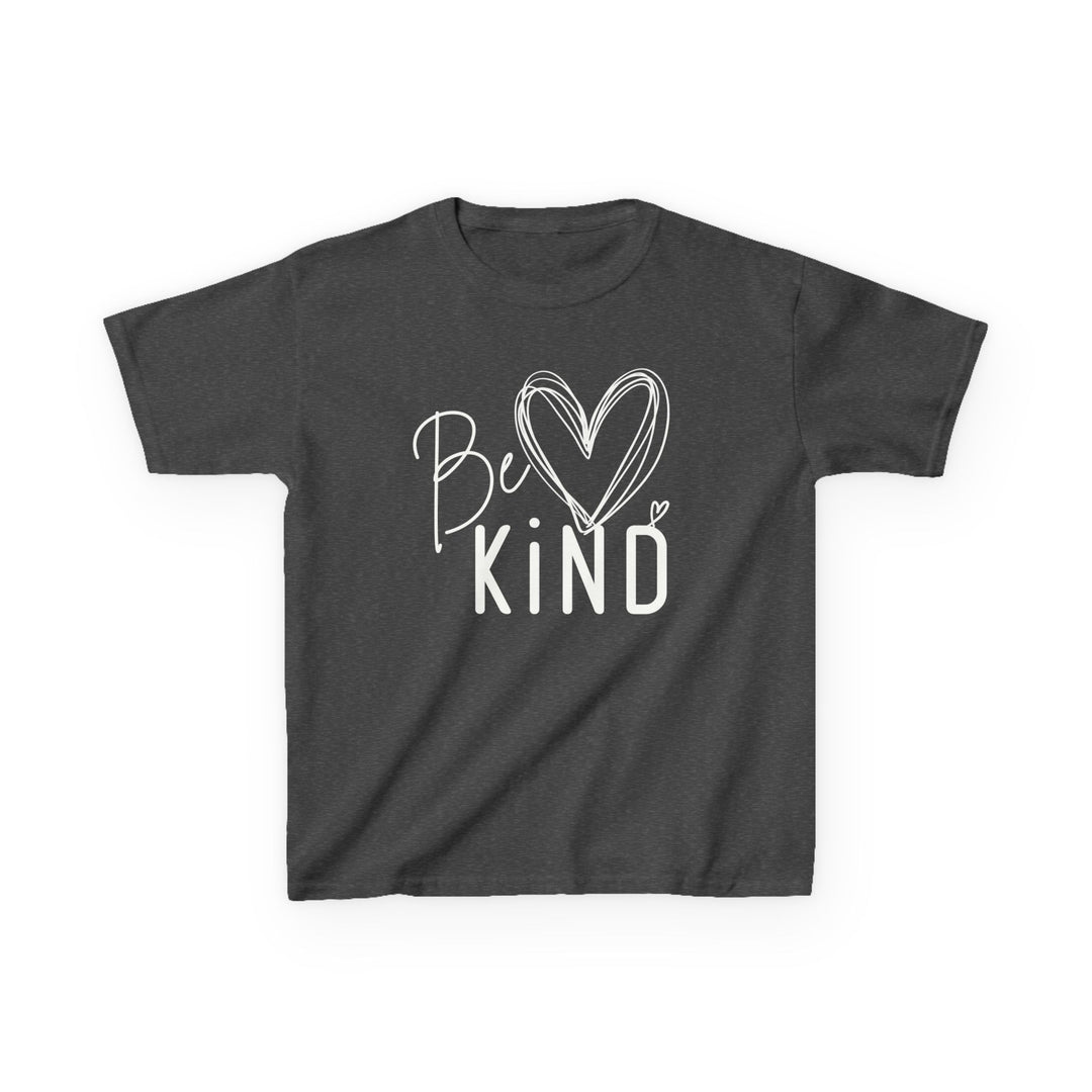 Charcoal-gray kids tee with “Be KIND” and heart design, highlighting a soft, durable cotton blend, perfect for everyday wear.