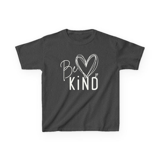 Charcoal-gray kids tee with “Be KIND” and heart design, highlighting a soft, durable cotton blend, perfect for everyday wear.