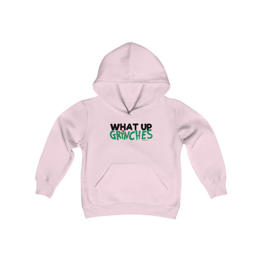 Youth blend hooded sweatshirt with kangaroo pocket, reinforced neck, and ultra-soft fleece. Features What up Grinches logo. 50% cotton, 50% polyester. Regular fit, true to size. Medium fabric.