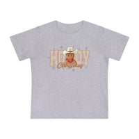 Howdy Christmas Baby Tee featuring a smiling gingerbread-man in cowboy hat, festive Howdy Christmas text, and snowflakes. Soft, durable, perfect for your baby's first steps.