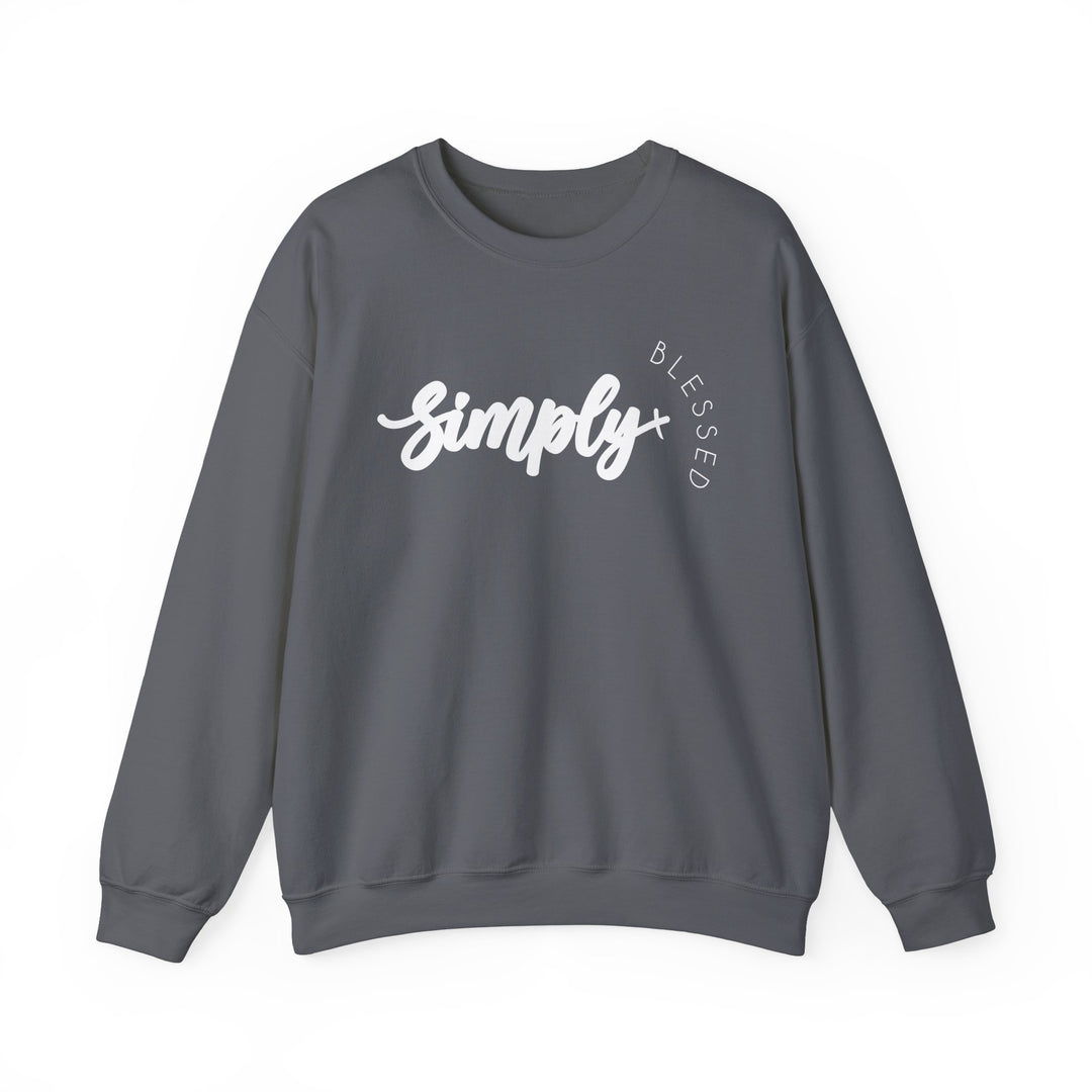 Simply Blessed Crew: A grey sweatshirt featuring white text, blending comfort and style with a ribbed knit collar, ideal for casual wear.