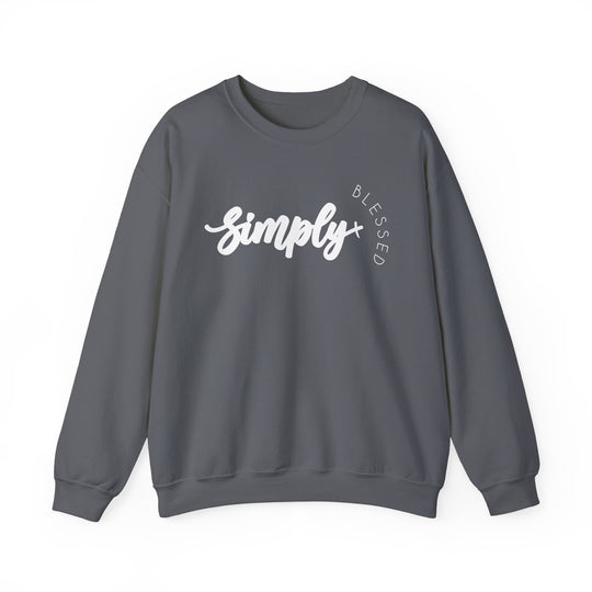 Simply Blessed Crew: A grey sweatshirt featuring white text, blending comfort and style with a ribbed knit collar, ideal for casual wear.
