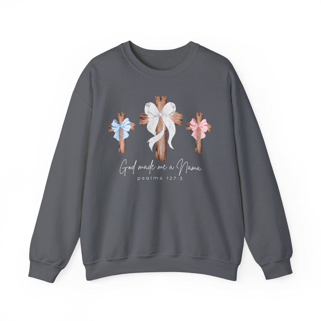 God Made Me a Nana crewneck sweatshirt with rustic wooden crosses and bows graphic, featuring flowing script and Psalms 127:3 reference.