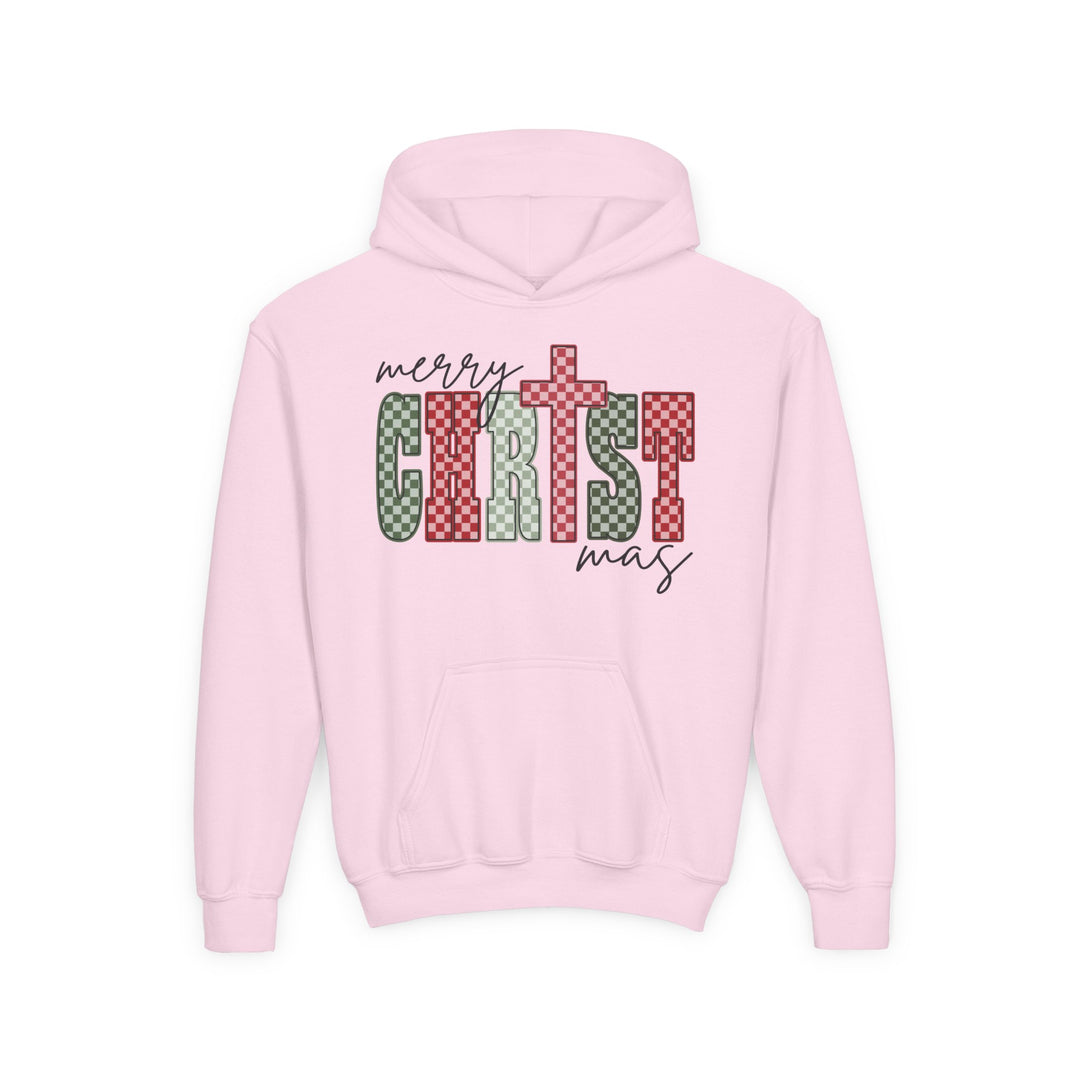 Christmas Youth Hoodie with Merry Christmas design in script and bold checkerboard letters, featuring a kangaroo pocket and made from soft, preshrunk fleece.