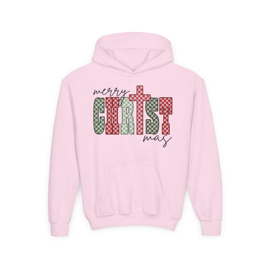 Christmas Youth Hoodie with Merry Christmas design in script and bold checkerboard letters, featuring a kangaroo pocket and made from soft, preshrunk fleece.