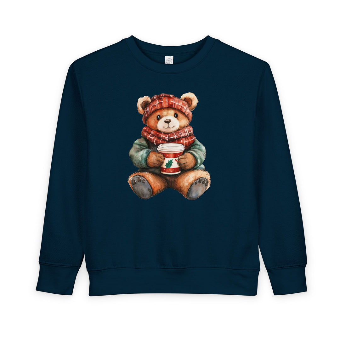 Old Money Bear Crew: Dark-blue toddler sweatshirt featuring a teddy bear in winter attire, holding a festive cup. Cozy cotton-poly blend with durable ribbed details.