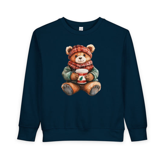 Old Money Bear Crew: Dark-blue toddler sweatshirt featuring a teddy bear in winter attire, holding a festive cup. Cozy cotton-poly blend with durable ribbed details.
