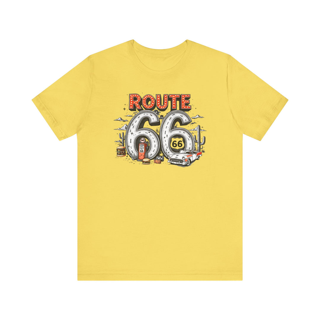 Route 66 Tee: soft cotton, unisex jersey with a crew neckline and ribbed knit collars, designed for comfort and durability. Perfect for casual and semi-formal wear.