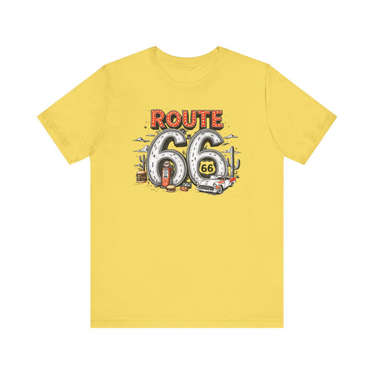 Route 66 Tee: soft cotton, unisex jersey with a crew neckline and ribbed knit collars, designed for comfort and durability. Perfect for casual and semi-formal wear.