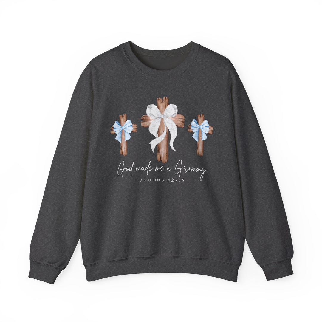 Dark-gray sweatshirt with three wooden crosses, featuring bows and 'God Made Me a Grammy' text, from Faith Family Designs' unique graphic collection.