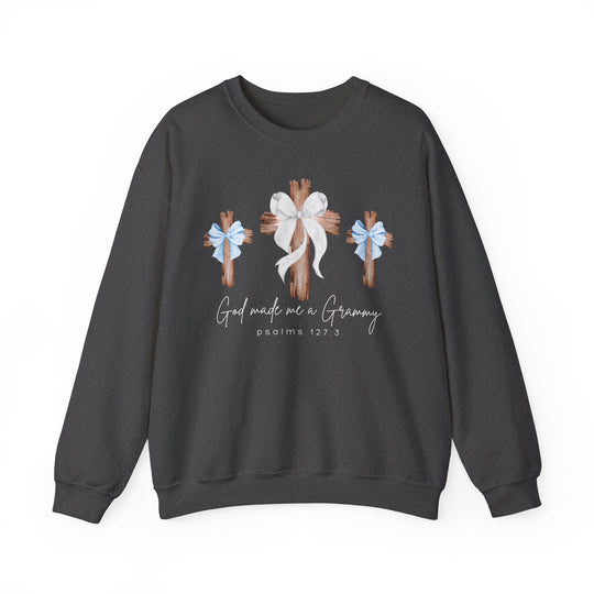 Dark-gray sweatshirt with three wooden crosses, featuring bows and 'God Made Me a Grammy' text, from Faith Family Designs' unique graphic collection.