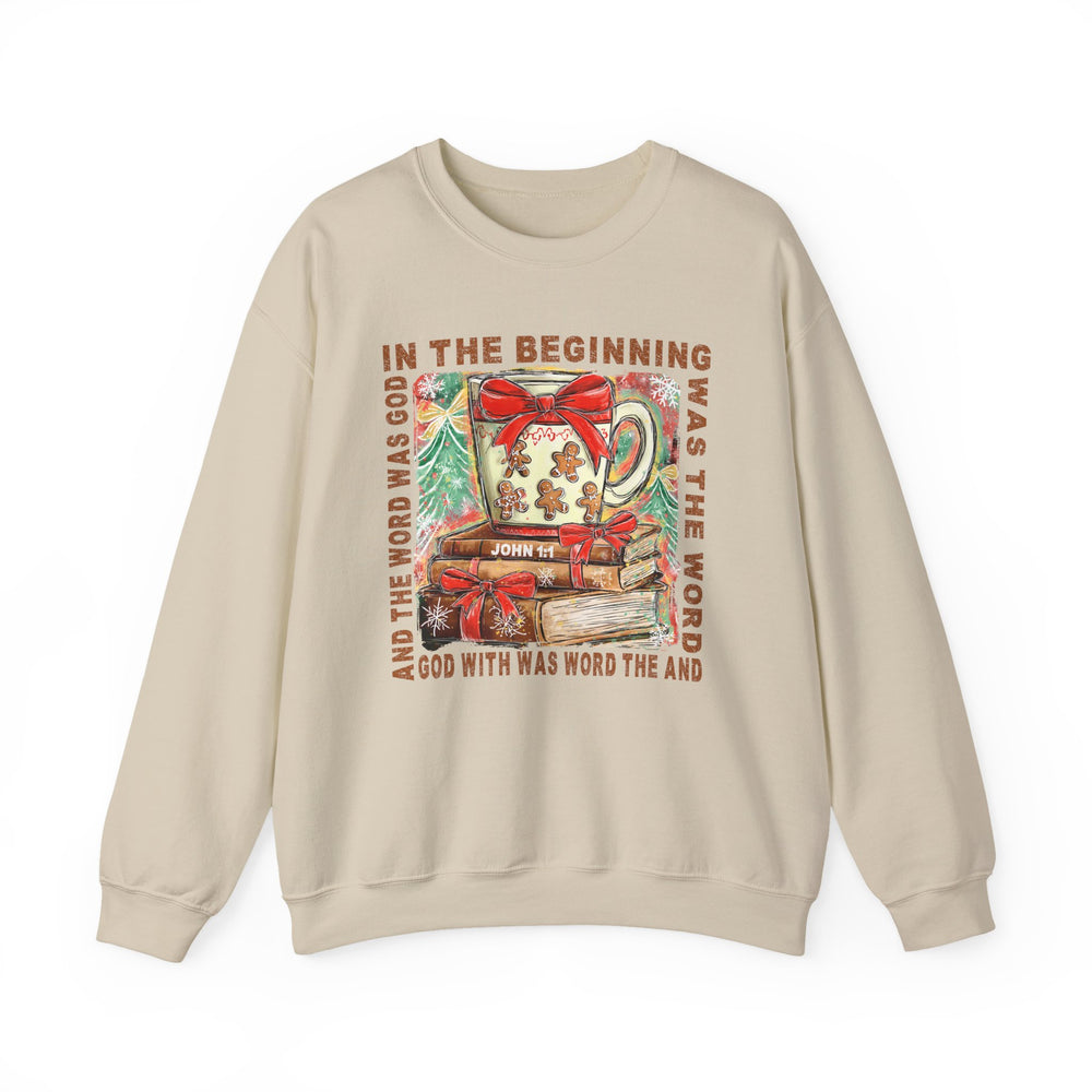 In the Beginning Crew sweatshirt features a festive mug and book stack illustration, adorned with John 1:1 verse, offering cozy comfort for colder months.
