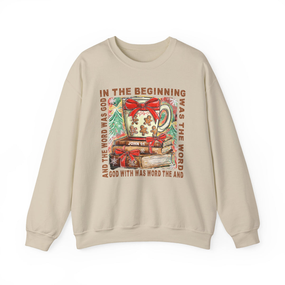 In the Beginning Crew sweatshirt features a festive mug and book stack illustration, adorned with John 1:1 verse, offering cozy comfort for colder months.