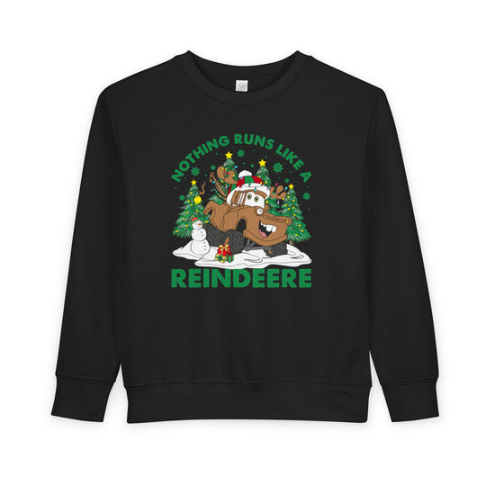 Reindeere Toddler Crew: Black sweatshirt featuring a festive reindeer-truck graphic with snowman, gift, snowy trees, and Nothing runs like a REINDEERE slogan. Cozy fleece blend.