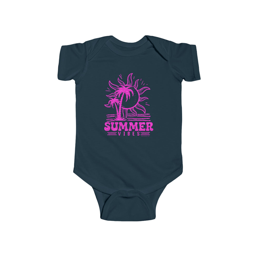 A summer-themed infant fine jersey bodysuit featuring a pink sun and palm tree design. Made of 100% cotton, with ribbed knitting for durability and plastic snaps for easy changing access. From Worlds Worst Tees.