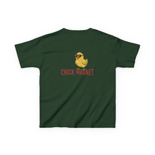 Chick Magnet Kids Tee featuring a cartoon chick with heart sunglasses and bold CHICK MAGNET text, perfect for everyday wear with durable cotton fabric.