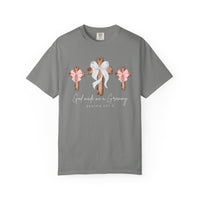 Heather-gray T-shirt by Comfort Colors featuring three rustic crosses with bows, and the phrase God made me a Grammy with Psalm 127:3 below.