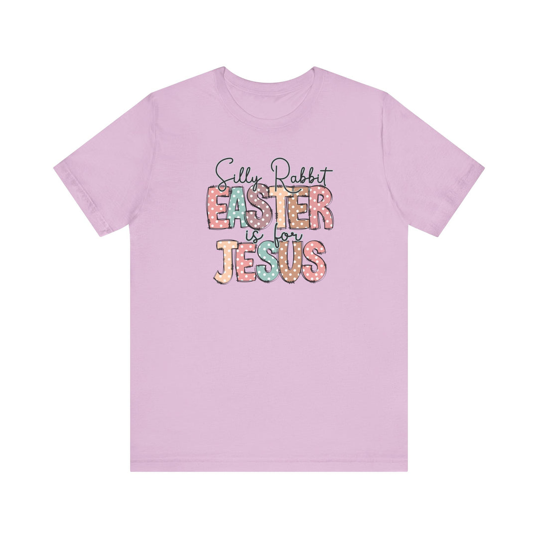 Silly Rabbit Easter is for Jesus Tee: Purple t-shirt with white text, featuring a classic unisex fit and ribbed knit collars, ideal for casual wear.