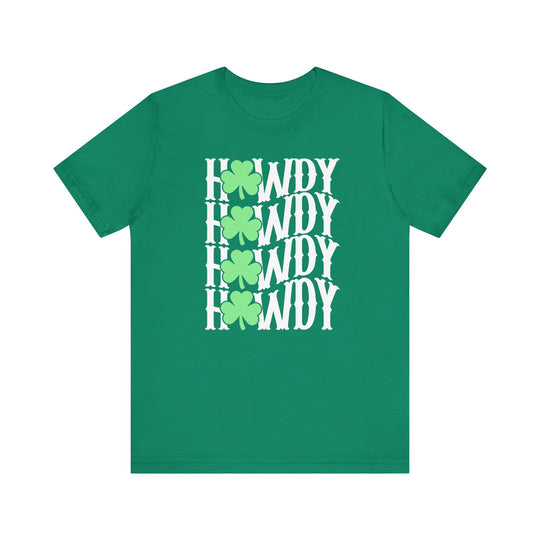 Howdy Lucky Tee featuring a green shamrock design on a classic unisex jersey short sleeve. Soft cotton ensures comfort and durability, embodying the store's unique style.